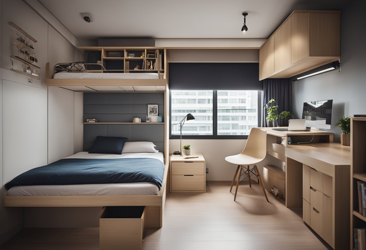 A small HDB bedroom with a loft bed, built-in storage, and foldable furniture to maximize space