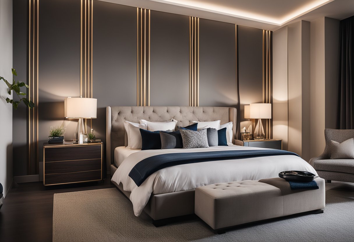 A spacious, elegantly furnished master bedroom with a large, plush bed, sleek modern furniture, and soft, ambient lighting