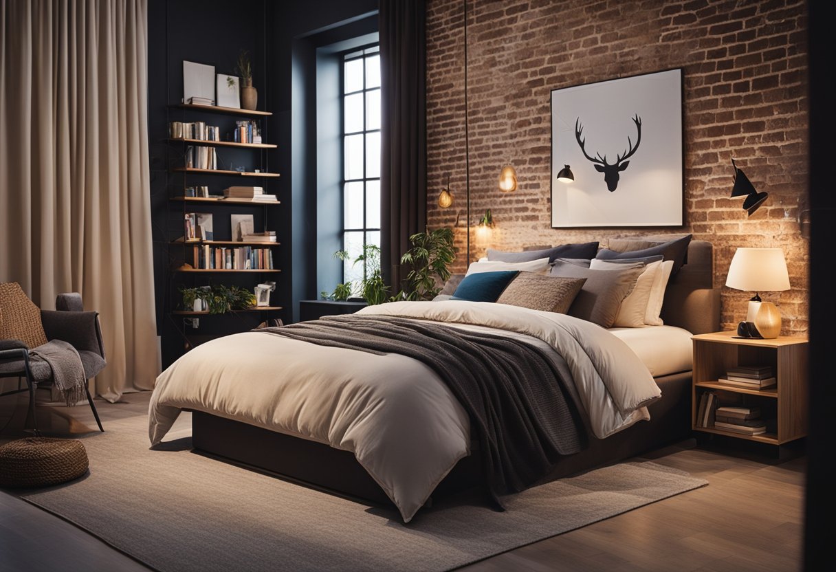 A cozy loft bedroom with warm lighting, plush bedding, and personal touches like books and artwork