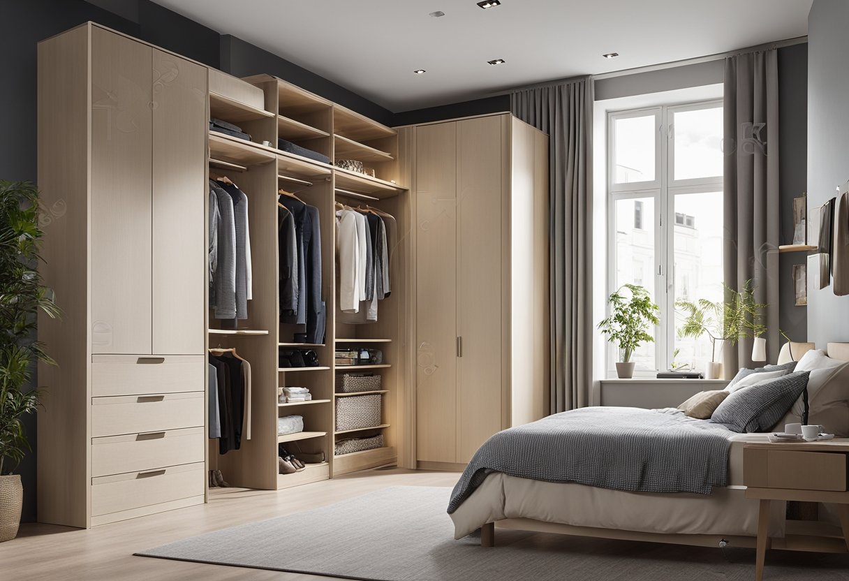 A small bedroom with a built-in wardrobe, featuring clever storage solutions and space-saving designs. The wardrobe is neatly organized with shelves, drawers, and hanging space