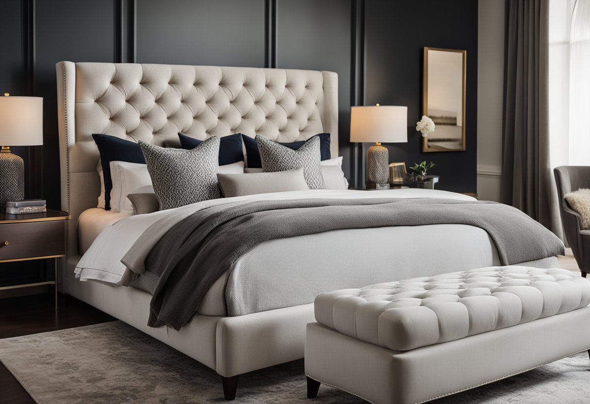 A sleek, king-sized bed with a tufted headboard sits in the center of the room, flanked by matching nightstands and elegant table lamps. A plush area rug and a cozy armchair add comfort and style to the space