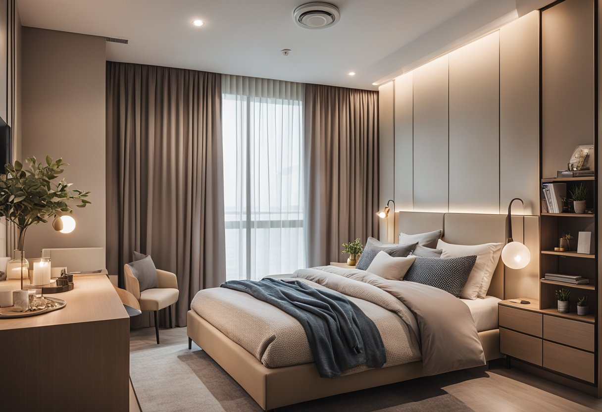 A cozy HDB bedroom with minimalist furniture, soft color palette, and stylish decor. Personality shines through unique artwork and decorative accents