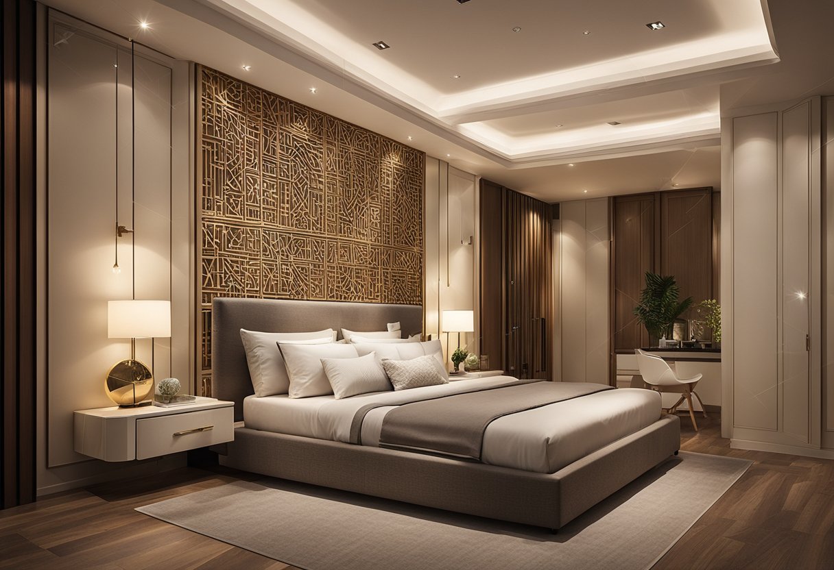 A bedroom with a false ceiling design, featuring recessed lighting and intricate geometric patterns, creating a modern and elegant atmosphere