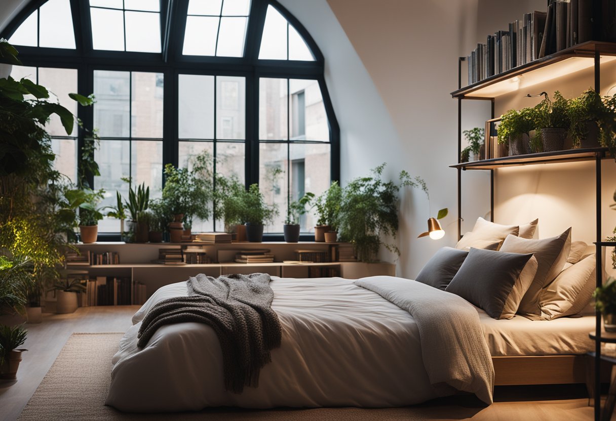 A cozy loft bedroom with modern furniture, soft lighting, and a minimalist color scheme. A large window lets in natural light, and a bookshelf filled with books and plants adds a touch of warmth to the space