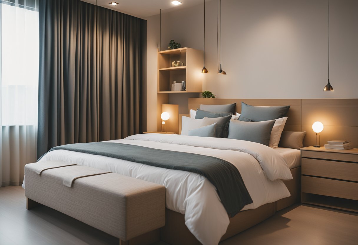 A cozy HDB bedroom with minimalistic furniture and soft lighting, featuring a clean and clutter-free design