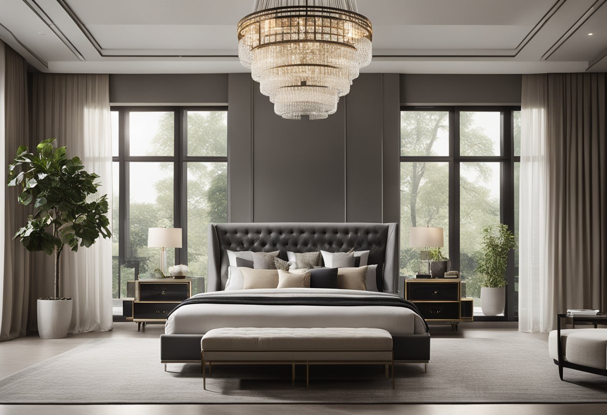 A spacious, sleek modern bedroom with elegant furniture, a minimalist color palette, and luxurious textures. Large windows provide natural light, and a statement chandelier adds a touch of opulence