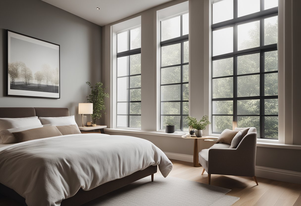 A spacious bedroom with a large, comfortable bed, soft lighting, and minimalist decor. A cozy reading nook by the window overlooks a serene view