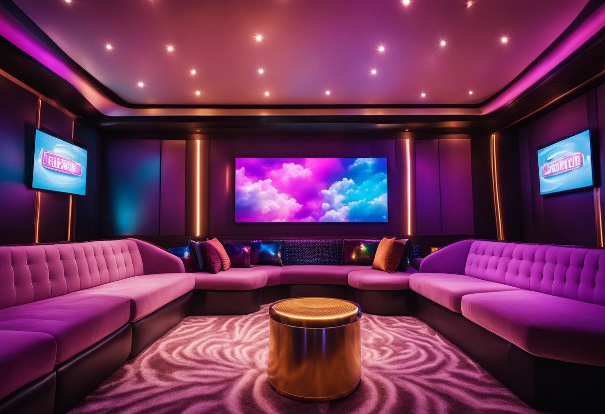 A modern KTV room with colorful LED lights, plush seating, and a sleek karaoke machine