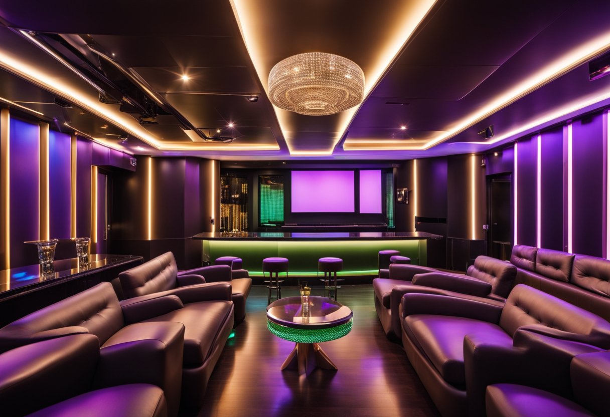 A modern KTV room with colorful LED lights, plush seating, and a state-of-the-art sound system. Mirrored walls and a sleek bar add to the luxurious atmosphere