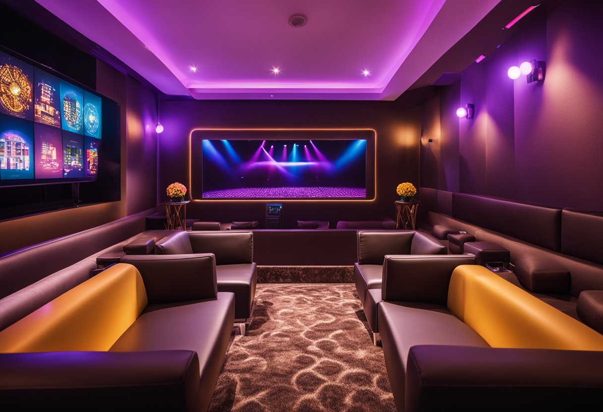 A modern ktv room with colorful LED lights, comfortable seating, and a sleek karaoke machine