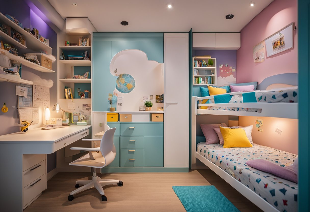 A cozy children's bedroom in a Singapore HDB flat, featuring bunk beds, colorful wall decals, and a study corner with a small desk and shelves