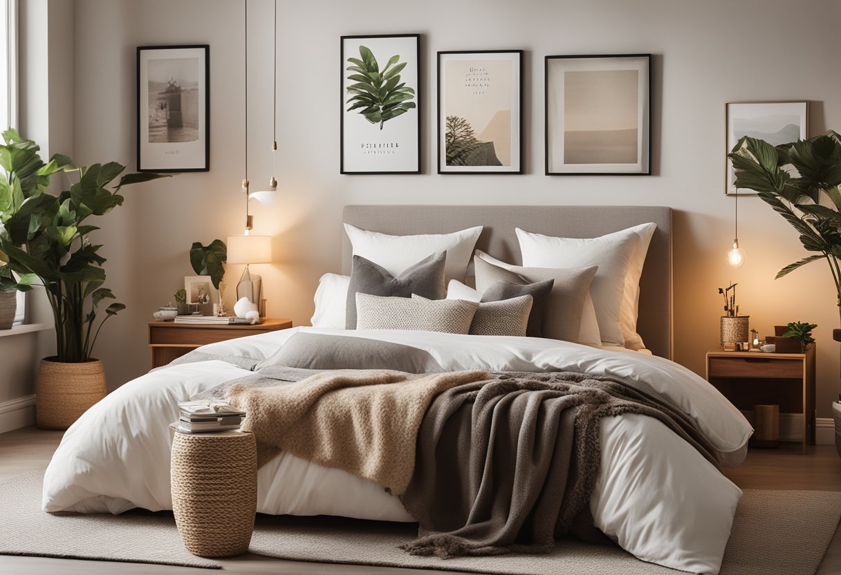 A cozy bedroom with a neutral color palette, soft lighting, and a mix of modern and vintage decor. A comfortable bed with layered pillows, a small desk with a potted plant, and a gallery wall of personal photos and artwork