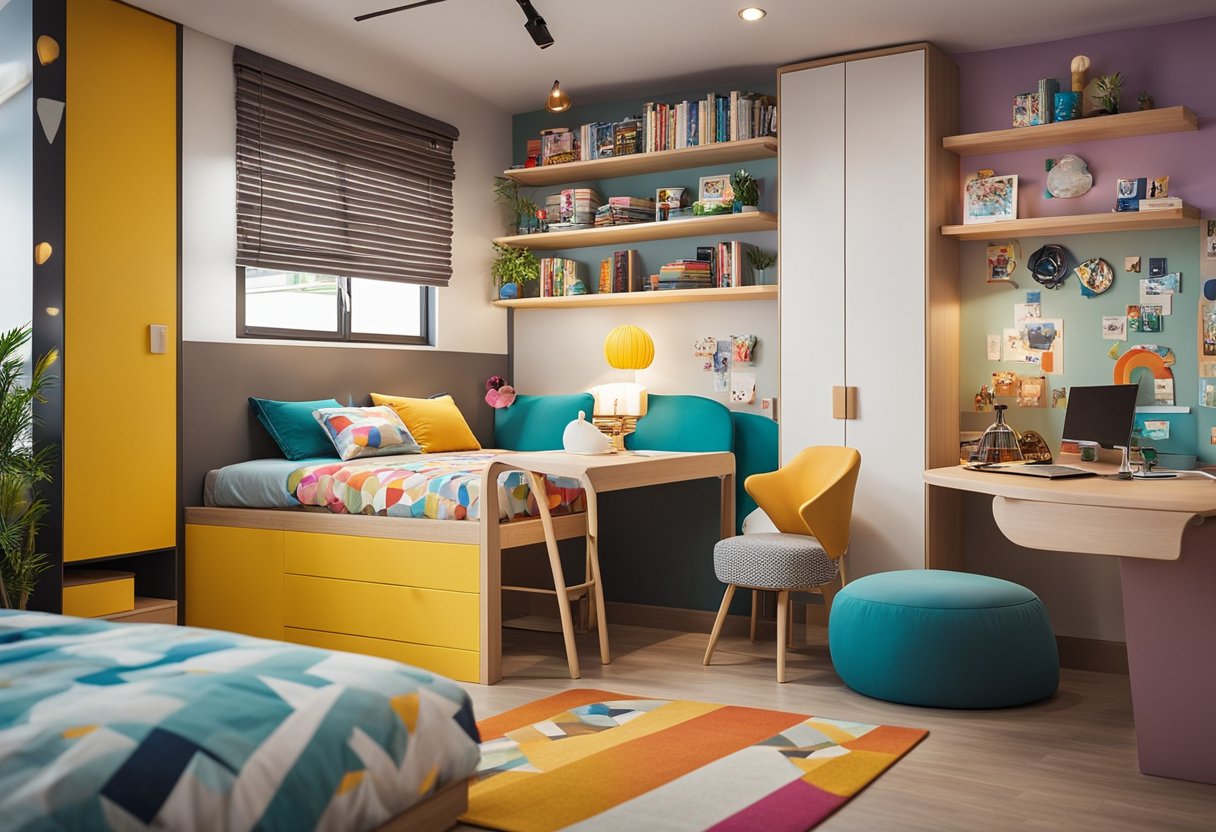 A colorful and cozy bedroom with a bunk bed, study desk, and storage solutions. Singapore HDB theme with playful wall decals and vibrant textiles