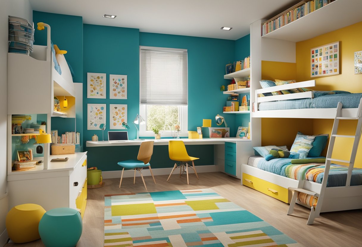 A well-organized children's bedroom with bunk beds, study area, and ample storage. Bright colors and playful patterns create a lively and inviting space