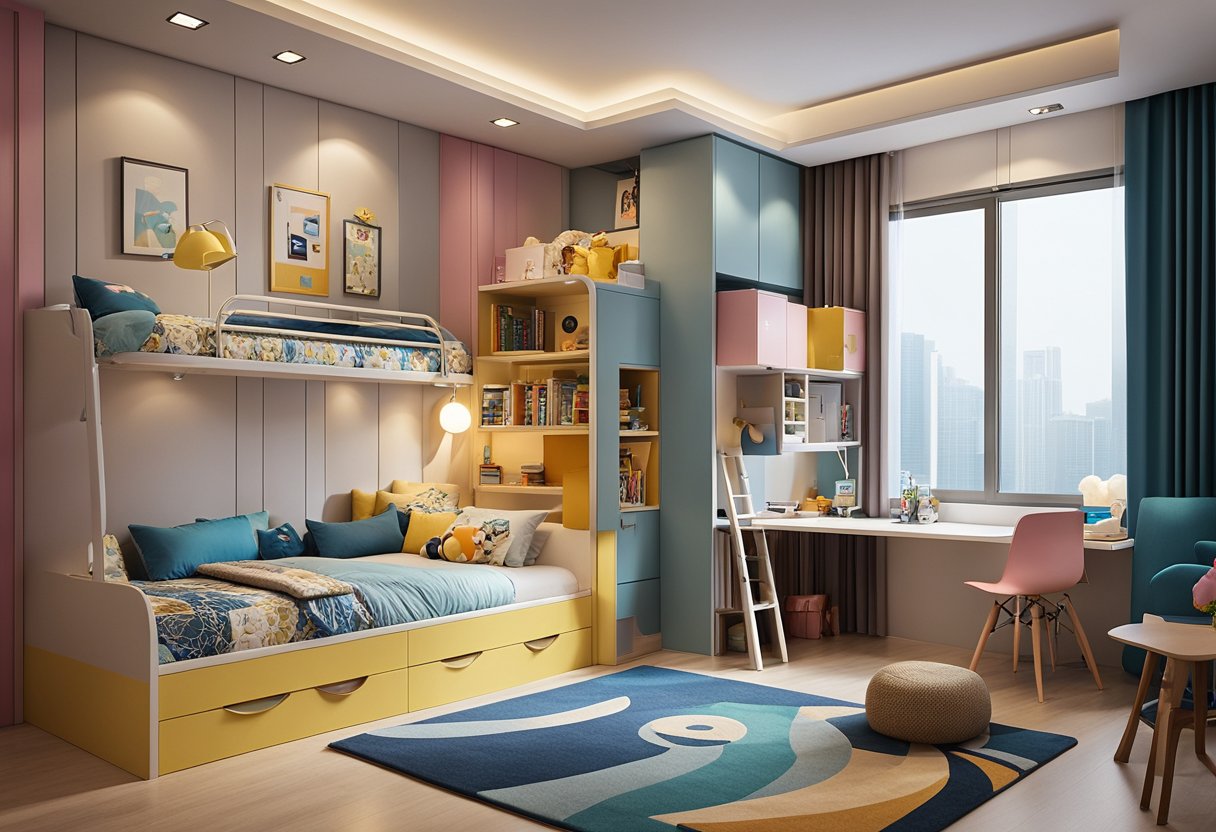 A cozy children's bedroom in a Singapore HDB flat, featuring colorful and space-saving design elements