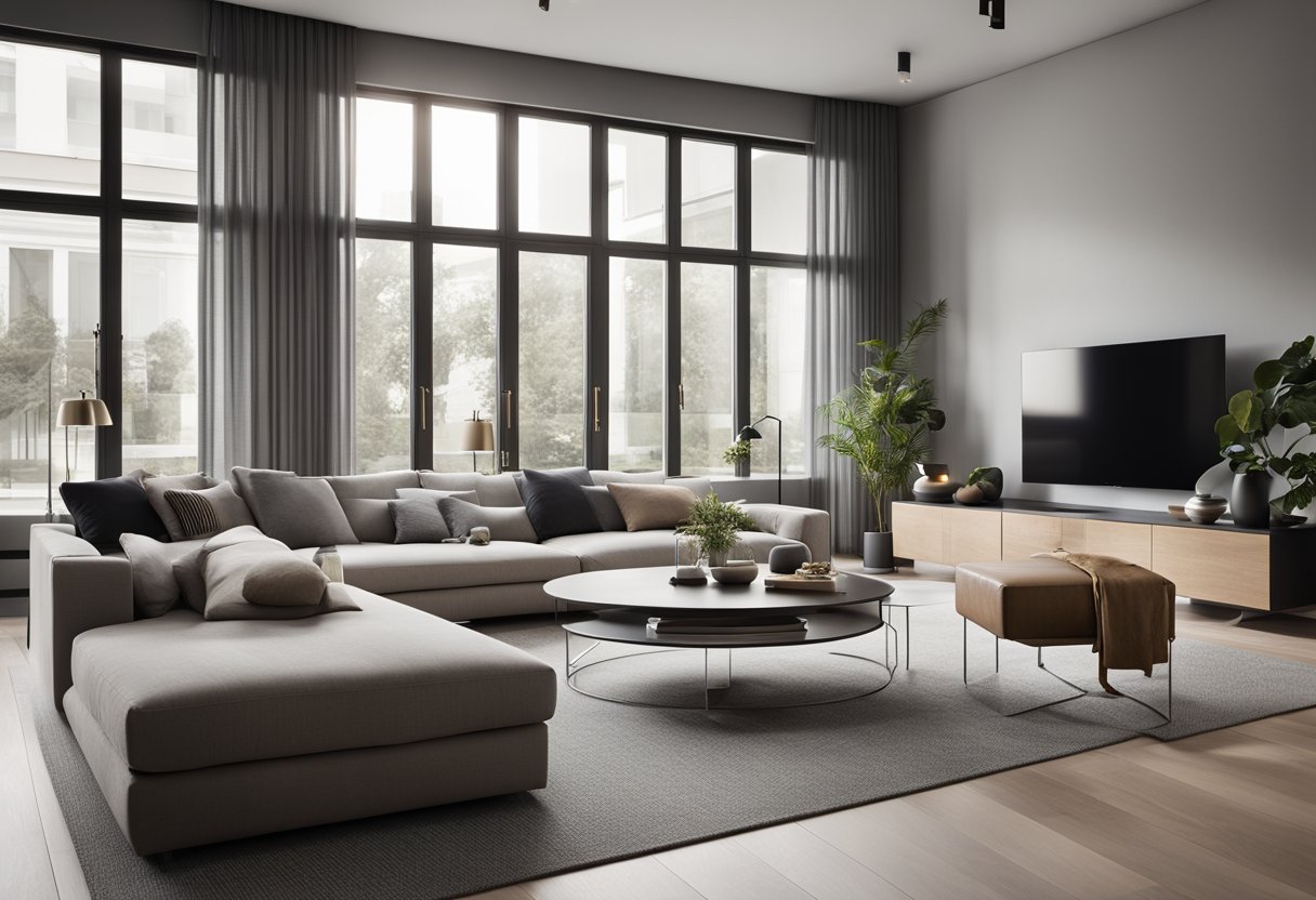 A spacious, modern living room with sleek furniture, large windows, and a minimalist color palette. The room features clean lines, geometric shapes, and a mix of textures for a sophisticated and inviting atmosphere