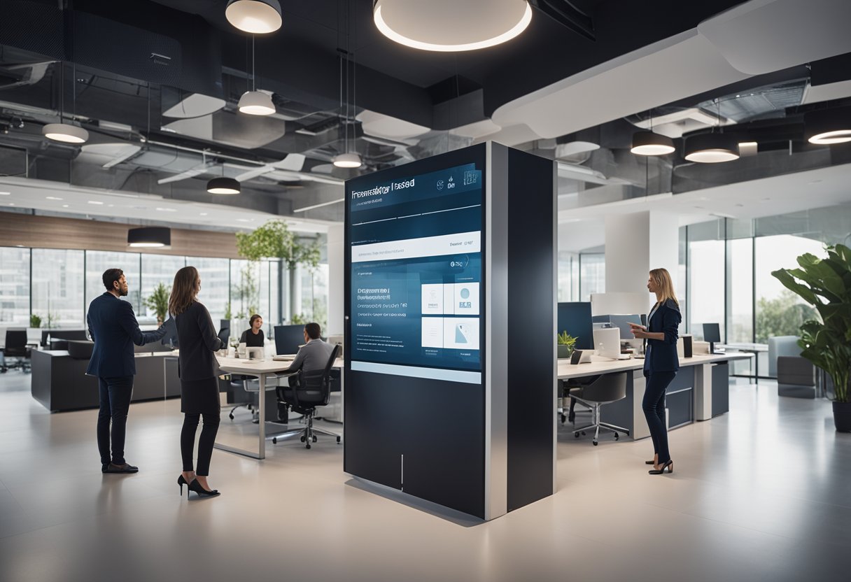 A modern office space with people interacting with a digital kiosk displaying "Frequently Asked Questions" about interior design