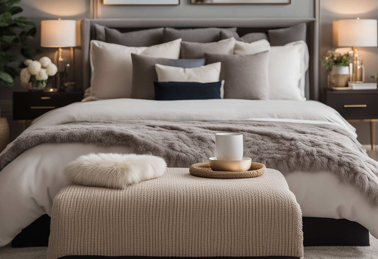 A cozy bedroom with a double bed, nightstands, soft lighting, and a neutral color scheme. Textured throw pillows and a plush area rug add warmth to the space