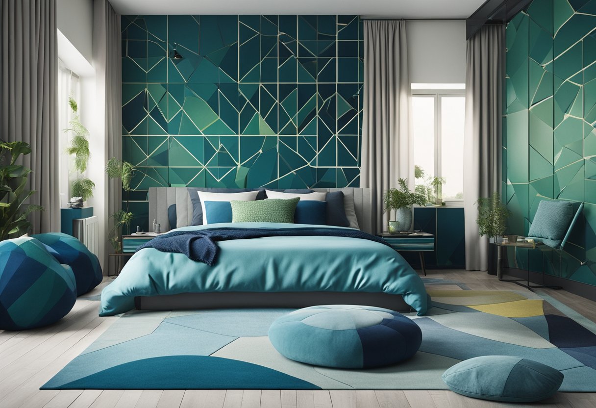 A bedroom with geometric patterns in various shades of blue and green, creating a modern and cool ambiance