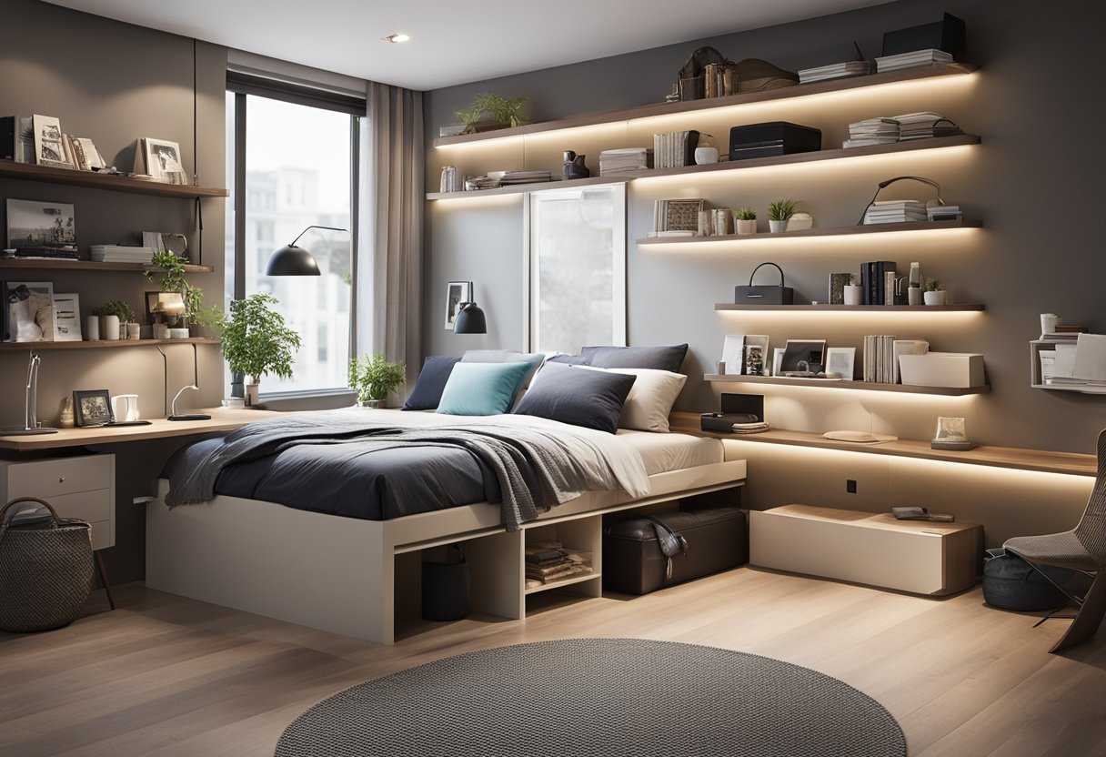 A double bed with built-in storage, floating shelves, and a fold-down desk to maximize space in a small bedroom for a couple