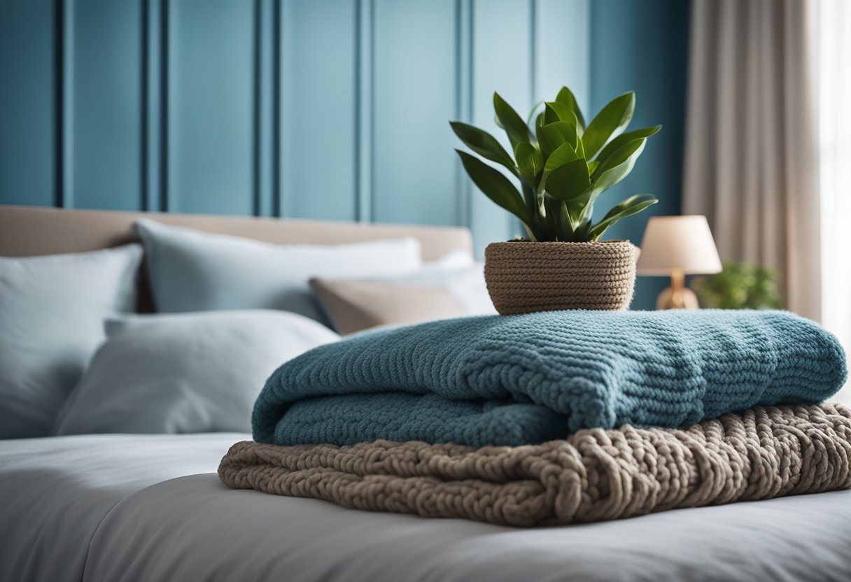 A serene bedroom with soothing blue walls, soft lighting, and a cozy bed adorned with plush pillows and a knitted throw blanket. A potted plant sits on a bedside table, adding a touch of nature to the calming oasis
