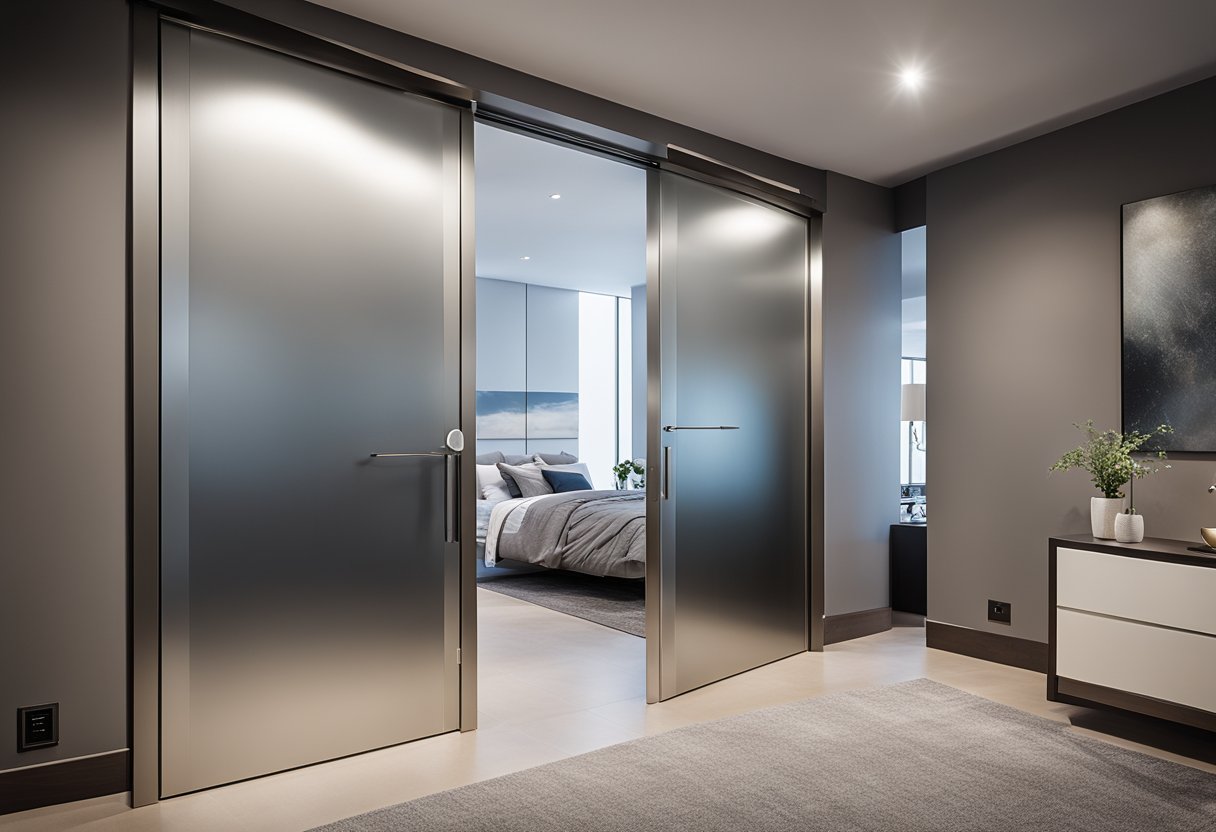 A sleek, modern master bedroom door with a brushed metal handle and frosted glass panels