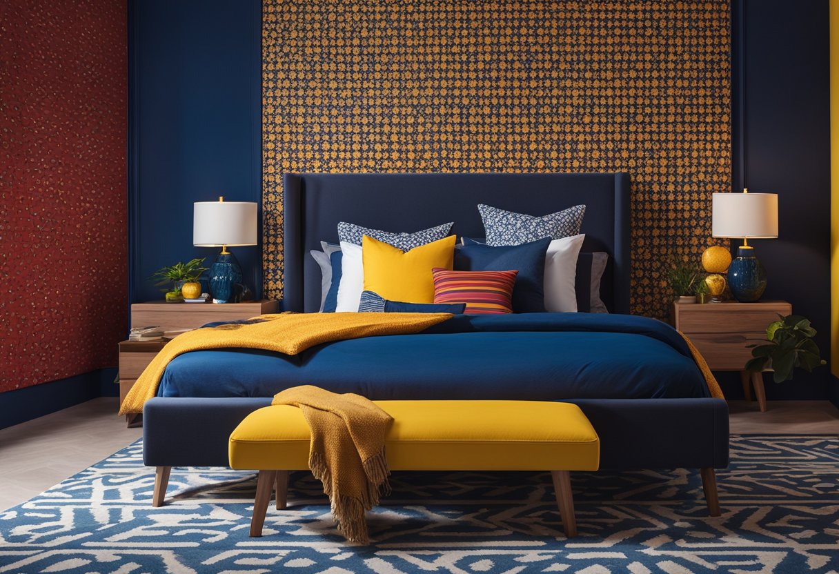 Vibrant red and deep blue walls contrast with bright yellow accents in a modern bedroom with sleek furniture and bold patterns