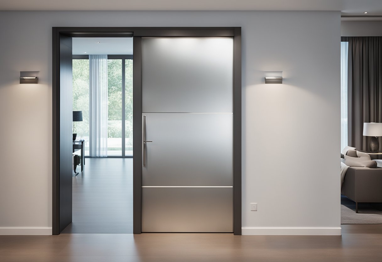 A sleek, modern bedroom door with clean lines and a minimalist aesthetic. The door features a frosted glass panel and a sleek, brushed metal handle