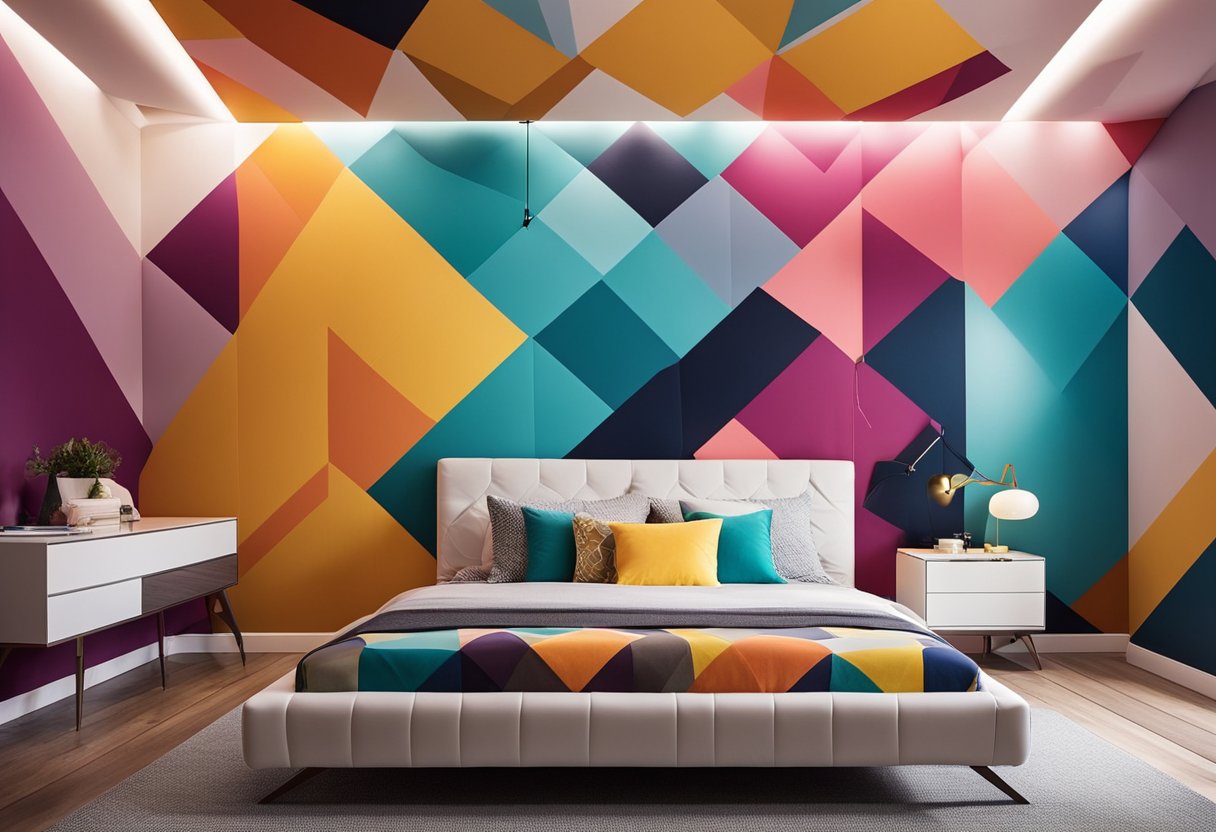 A bedroom with vibrant, geometric paint designs on the walls and ceiling, creating a visually dynamic and modern atmosphere