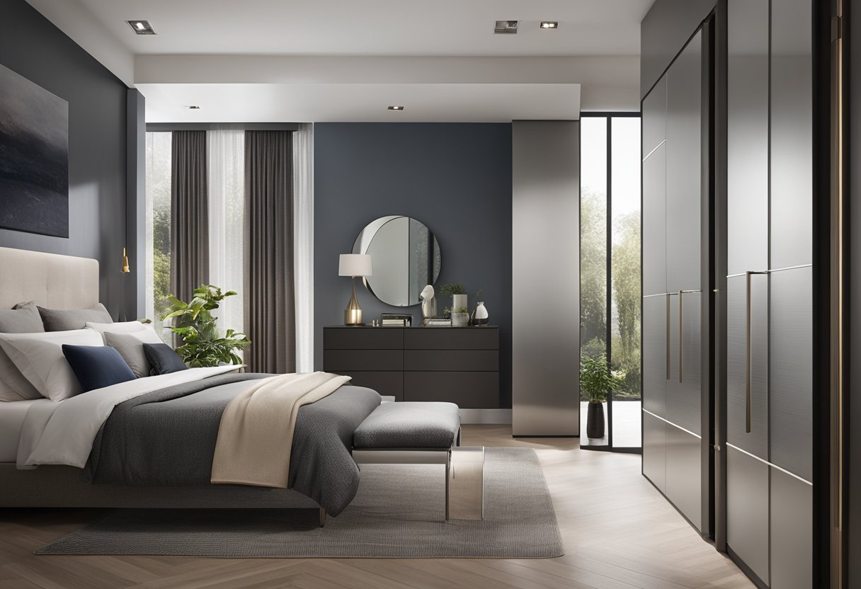 The master bedroom door features a sleek, modern design with a frosted glass panel and brushed metal handle