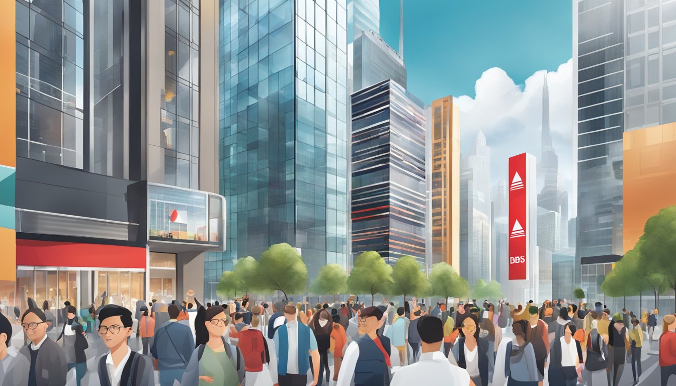 A modern skyscraper with the DBS Bank logo prominently displayed, surrounded by bustling city streets and a diverse mix of people