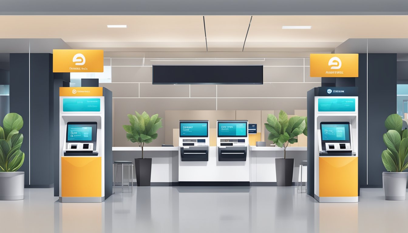 A modern and sleek bank branch with digital screens, ATMs, and friendly staff assisting customers
