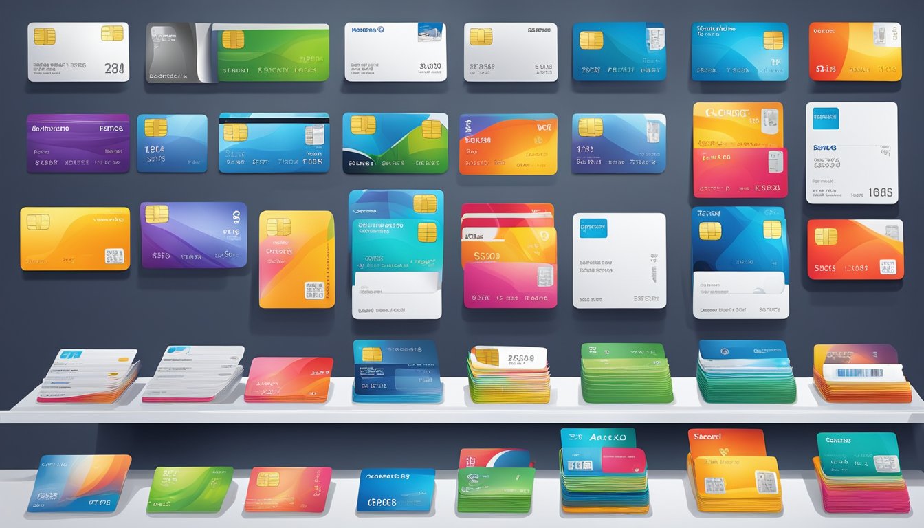 A colorful display of various bank cards and account brochures arranged neatly on a sleek, modern counter