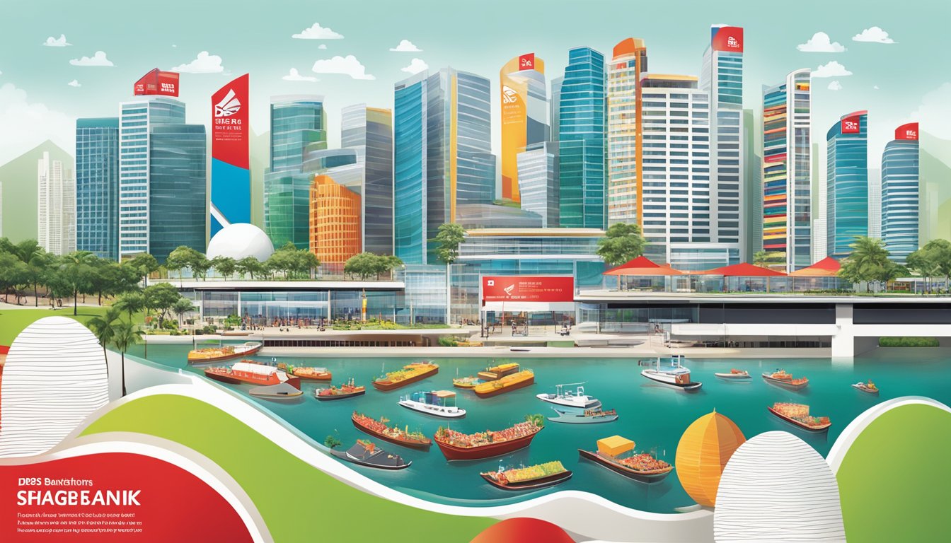 A vibrant display of promotional materials and program information for DBS Bank Singapore, featuring eye-catching designs and clear messaging