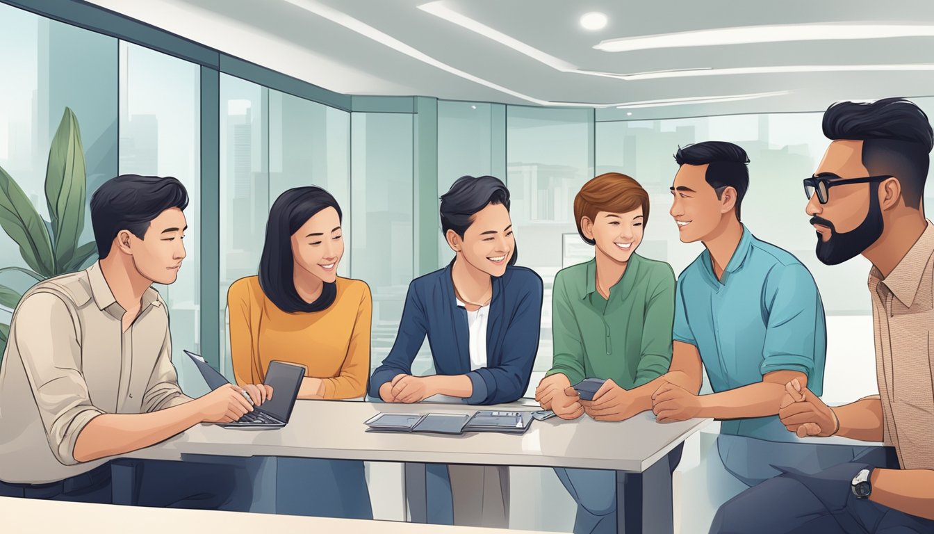 A diverse group of expats and foreigners gather around a modern bank branch in Singapore, exchanging currency and discussing financial services