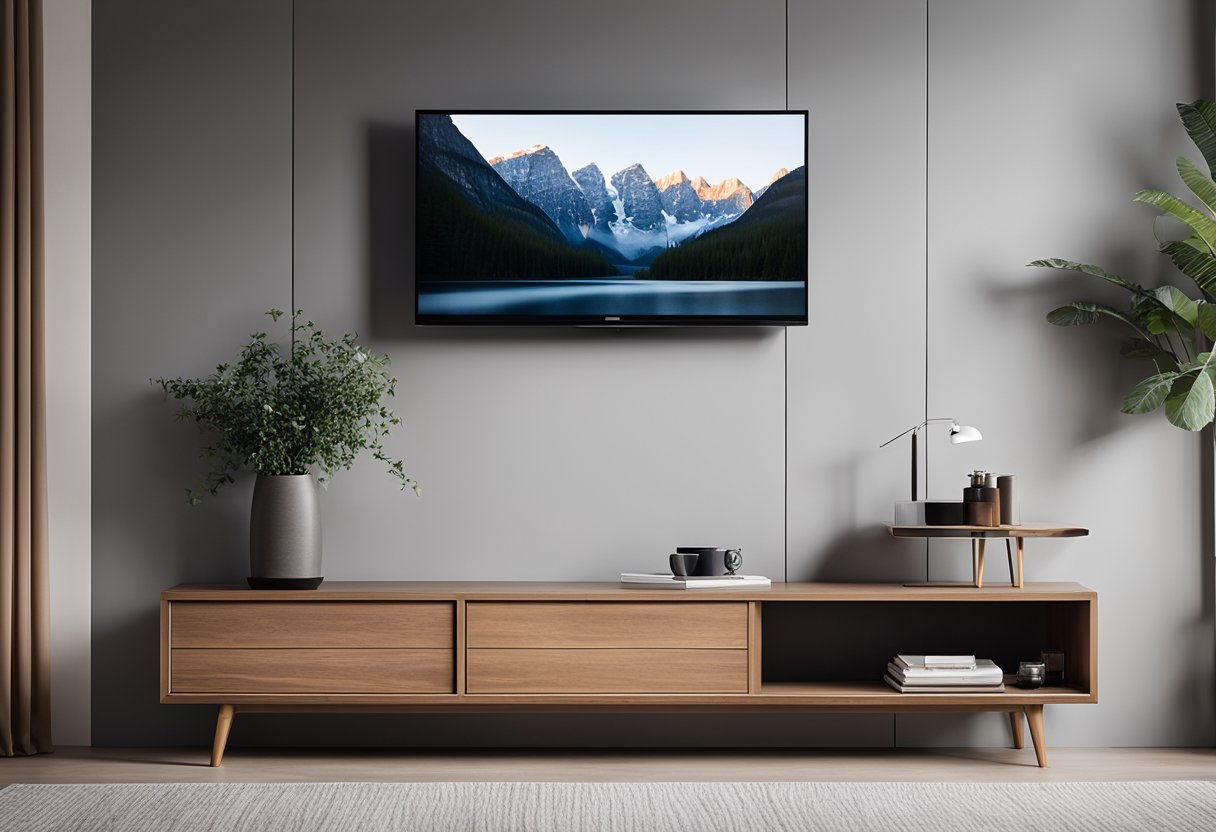 A sleek, modern TV cabinet sits against the wall in a spacious master bedroom, with clean lines and a minimalist design
