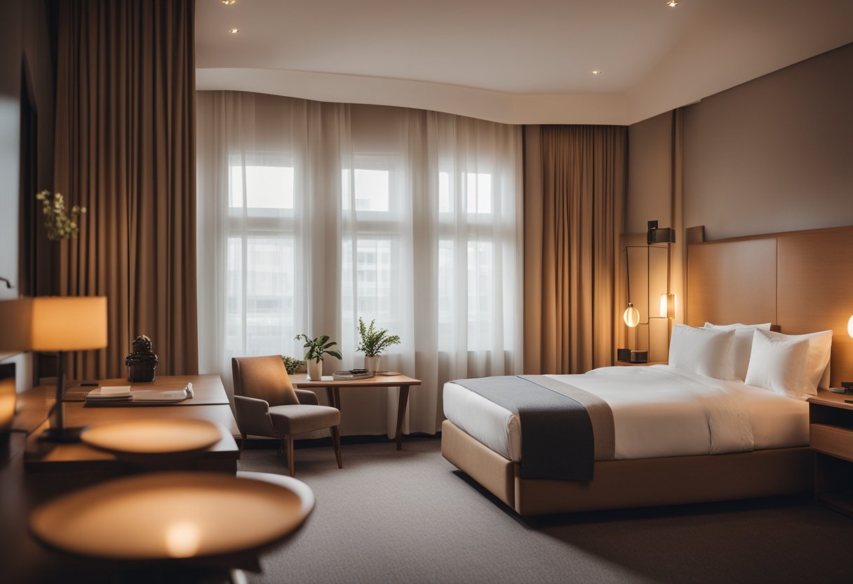 Cozy hotel bedroom with a queen-sized bed, soft lighting, and a small desk by the window. Warm colors and minimalist decor create a welcoming atmosphere