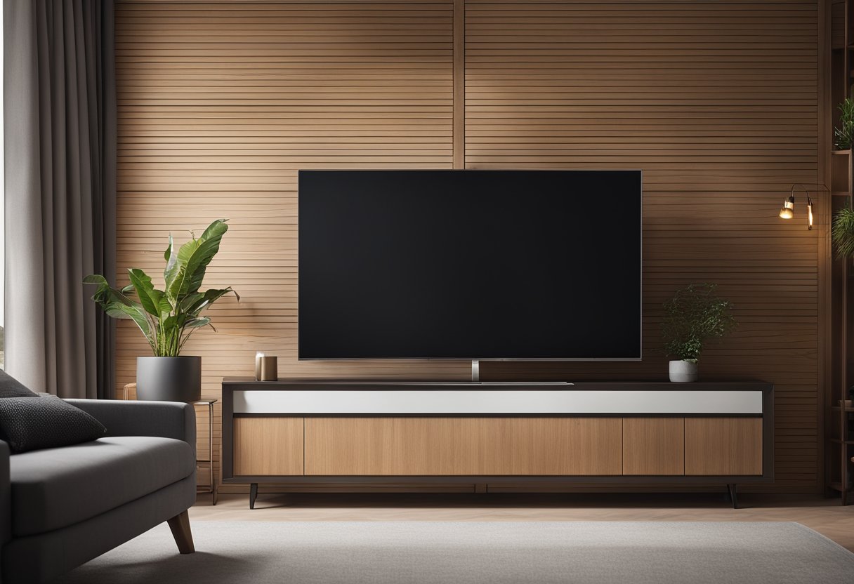 A sleek, modern TV cabinet with built-in storage, mounted on the wall opposite the bed in a spacious, well-lit master bedroom
