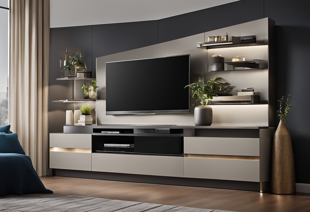 The master bedroom TV cabinet features sleek, modern design with built-in storage compartments, LED lighting, and a swivel TV mount