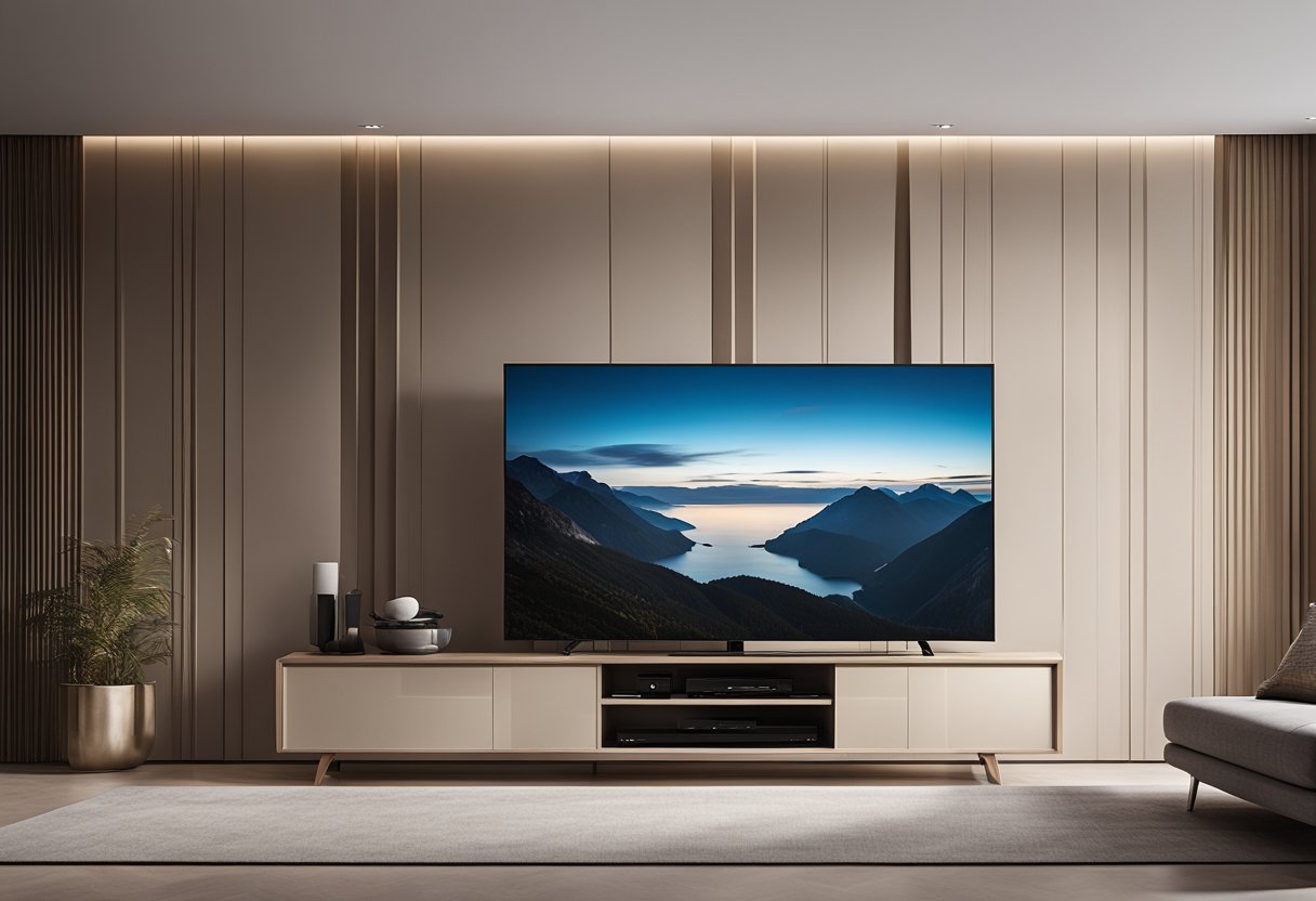 A modern, sleek TV cabinet in a spacious master bedroom, with clean lines and integrated storage solutions. The cabinet is positioned against a neutral-colored wall, with soft lighting highlighting its elegant design