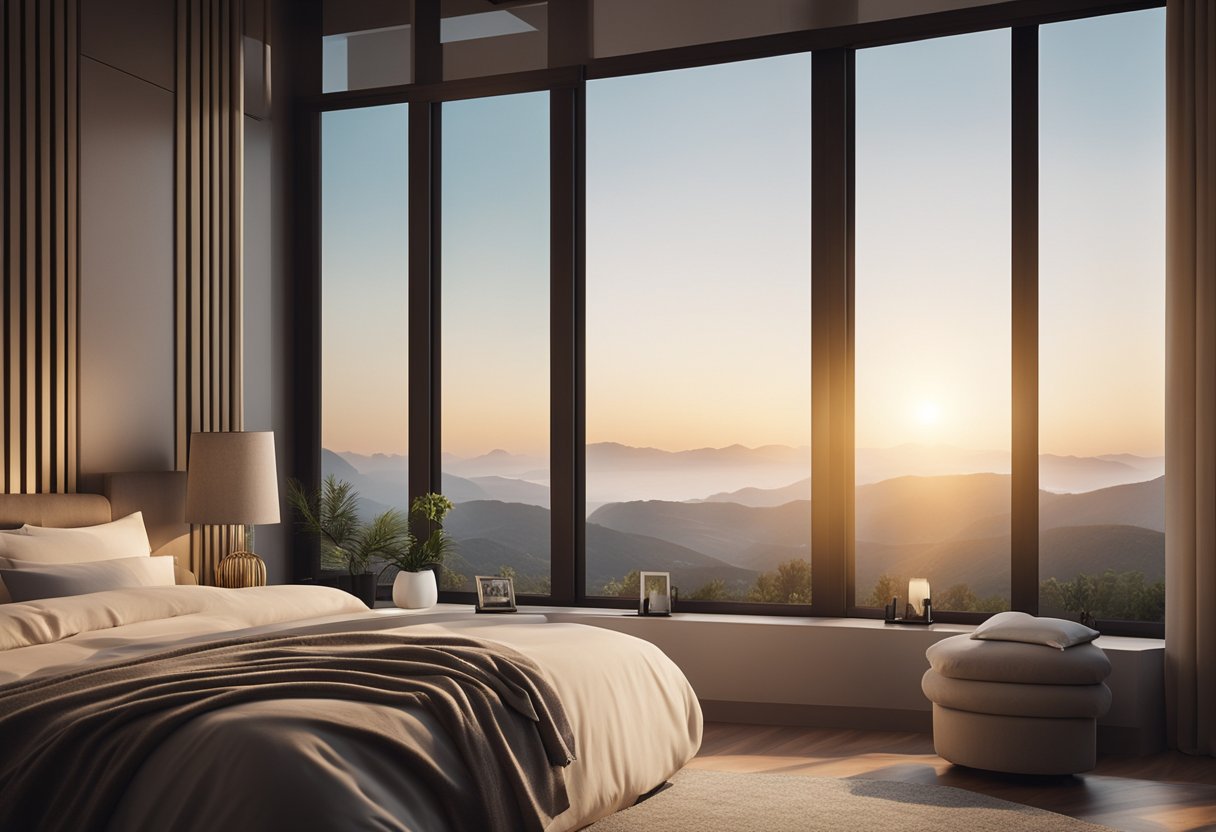 The bedroom is adorned with elegant furnishings, soft lighting, and plush bedding. A large window overlooks a serene landscape, creating a tranquil atmosphere