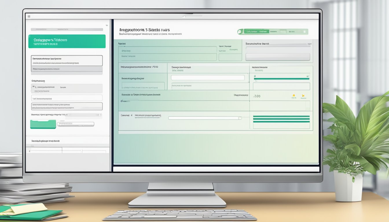 A computer screen displaying the Singapore S Pass application status with a checklist of required documents and a progress bar