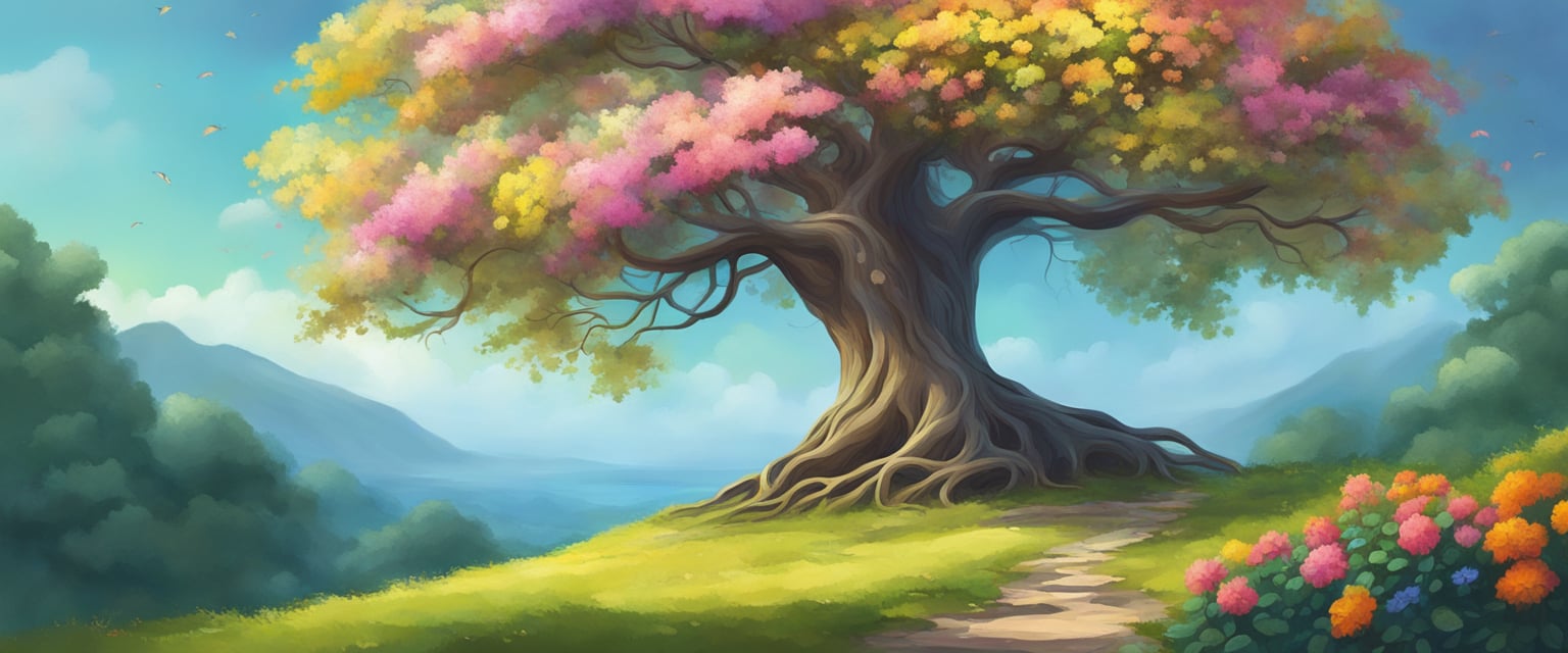 A single tree standing tall, with roots firmly grounded and branches reaching towards the sky, surrounded by vibrant flowers and lush greenery