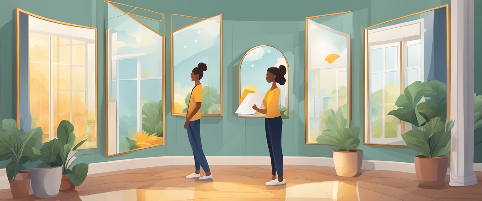 A mirror reflects positive affirmations, achievements, and supportive relationships, while negative thoughts and criticism bounce off, unable to penetrate
