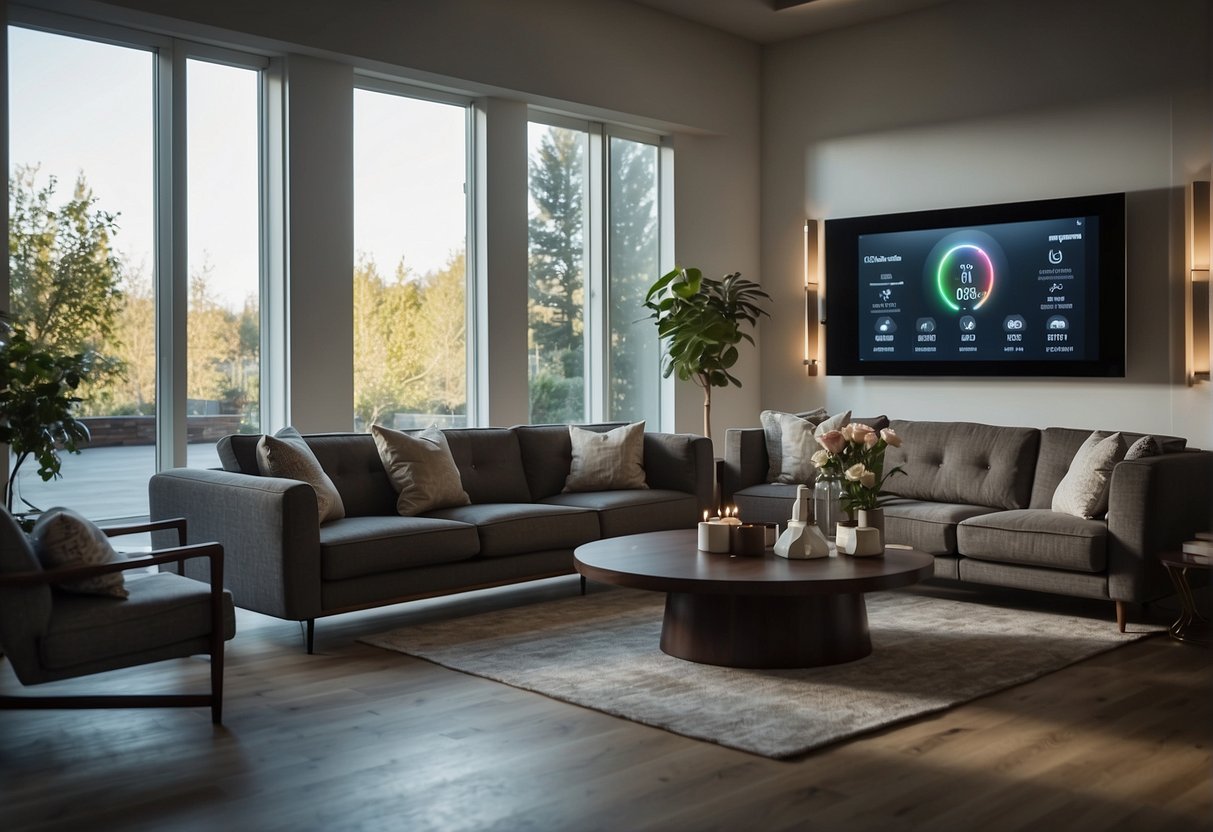 A Smart Home Manager controls devices in a modern living room. Lights, thermostat, and security system are all managed from a central hub