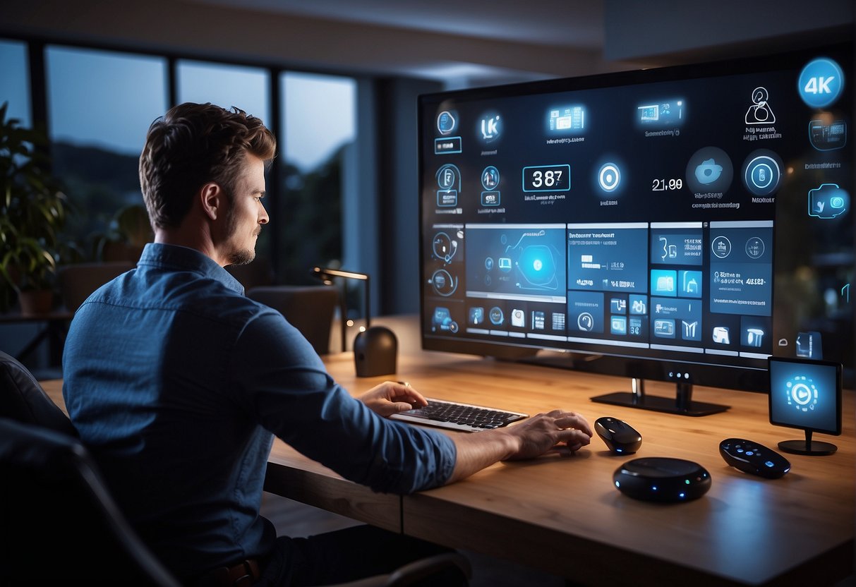 A smart home manager sets up a network of connected devices, including lights, thermostats, and security cameras