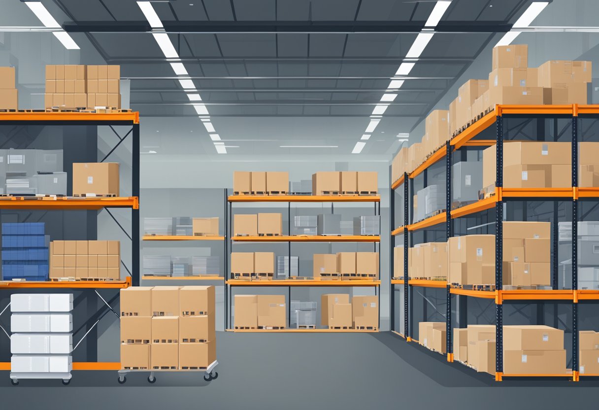 A warehouse with stacked boxes on one side and a computer with a dropshipping dashboard on the other. Pros and cons listed on a whiteboard in the middle