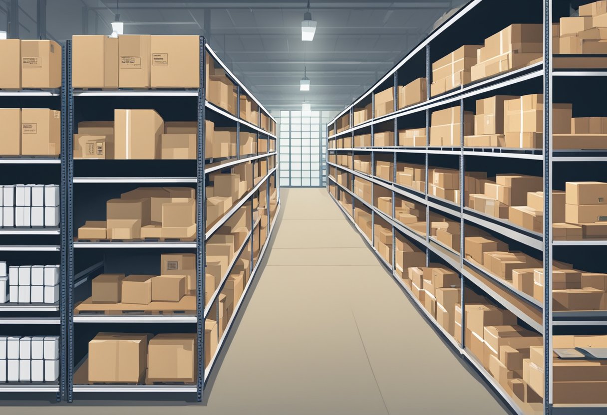 A warehouse with shelves of products, one side labeled "Bulk Buying" with stacked boxes, and the other side labeled "Dropshipping" with individual items ready for shipping. Pros and cons listed on a nearby whiteboard