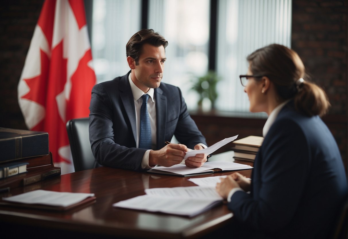 A Canadian immigration lawyer discussing law with a client, surrounded by legal documents and a Canadian flag
