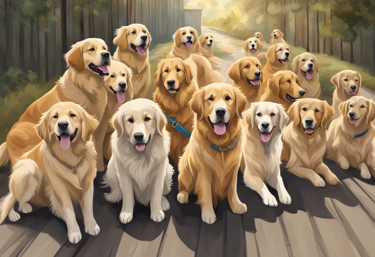 Thirteen golden retrievers follow their owner from a shelter to a stage, symbolizing their journey from humble beginnings to stardom